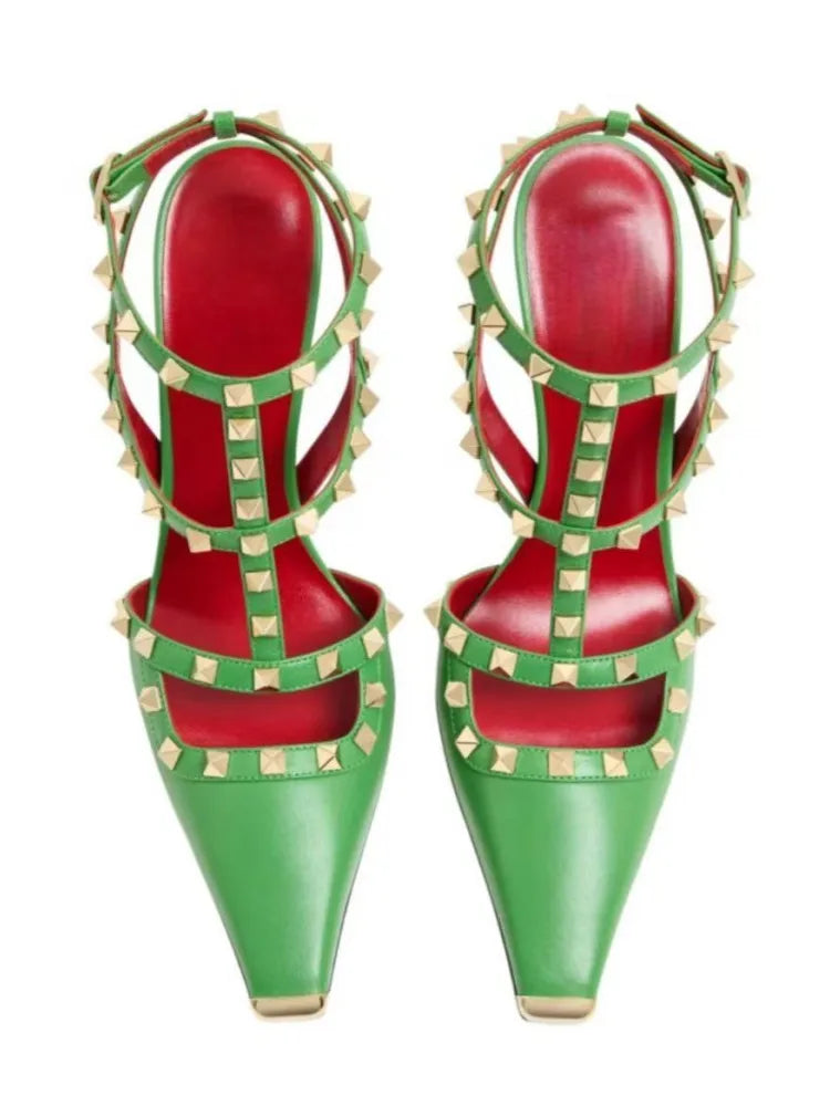 Summer Square Headed Rivet High-heeled Women's Sandals, Fashionable and Sexy Women's Party T-table Women's Plus Size Sandals