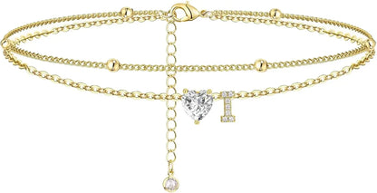 Waterproof cz Ankle Bracelets for Women  14K Gold Plated CZ Initial Dainty Layered Heart Anklets Foot Chain Summer Beach Jewelry