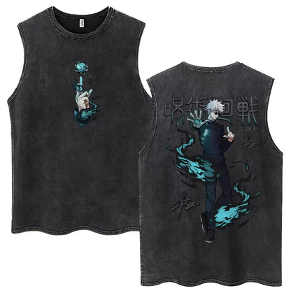 Anime Jujutsu Kaisen Satoru Gojo Vintage Wash Tank Tops Men Women Classic Manga Cotton T Shirt Fashion Loose Sleeveless T-Shirt