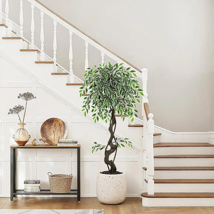 Artificial Ficus Tree Indoor Outdoor Fake Ficus Tree with Pebbles & Green Fake Moss, Pot Faux Tree for Office Home Decor