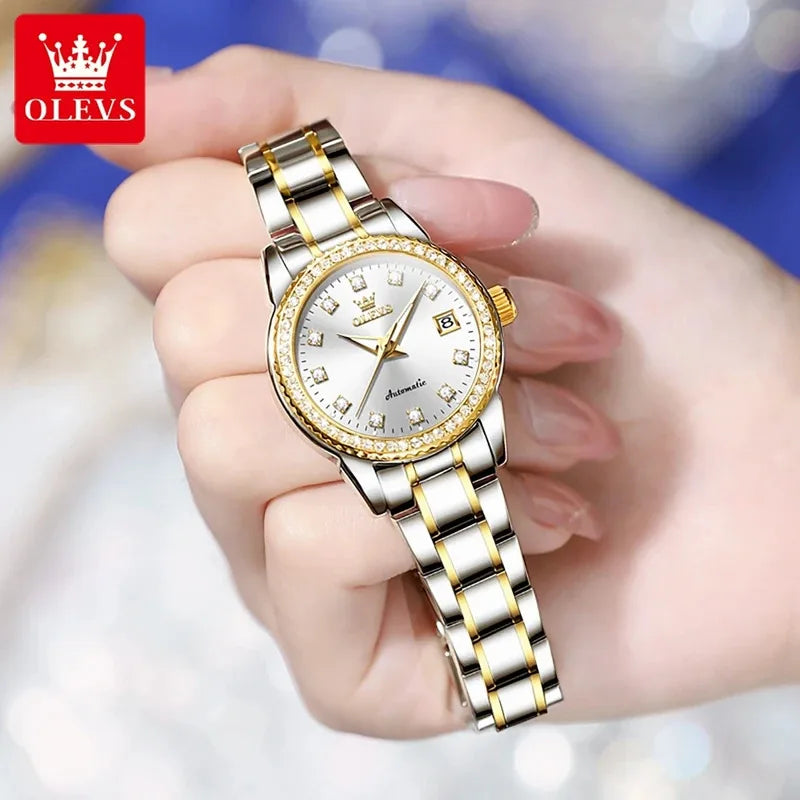 OLEVS 7003 Women Automatic Watch Waterproof Luminous Calendar Mechanical Ladies Wristwatch Steel Strap Luxury Watch Women