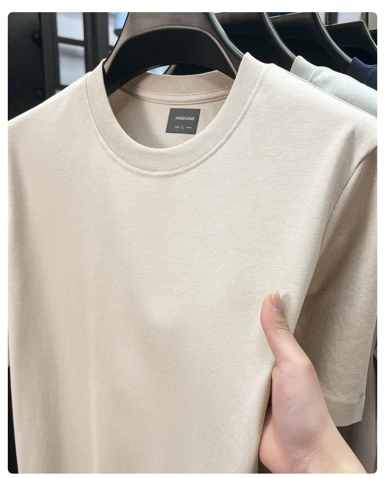 High quality luxury short sleeve T-shirt summer breathable cool silk cotton fashion solid color round neck top casual men's wear