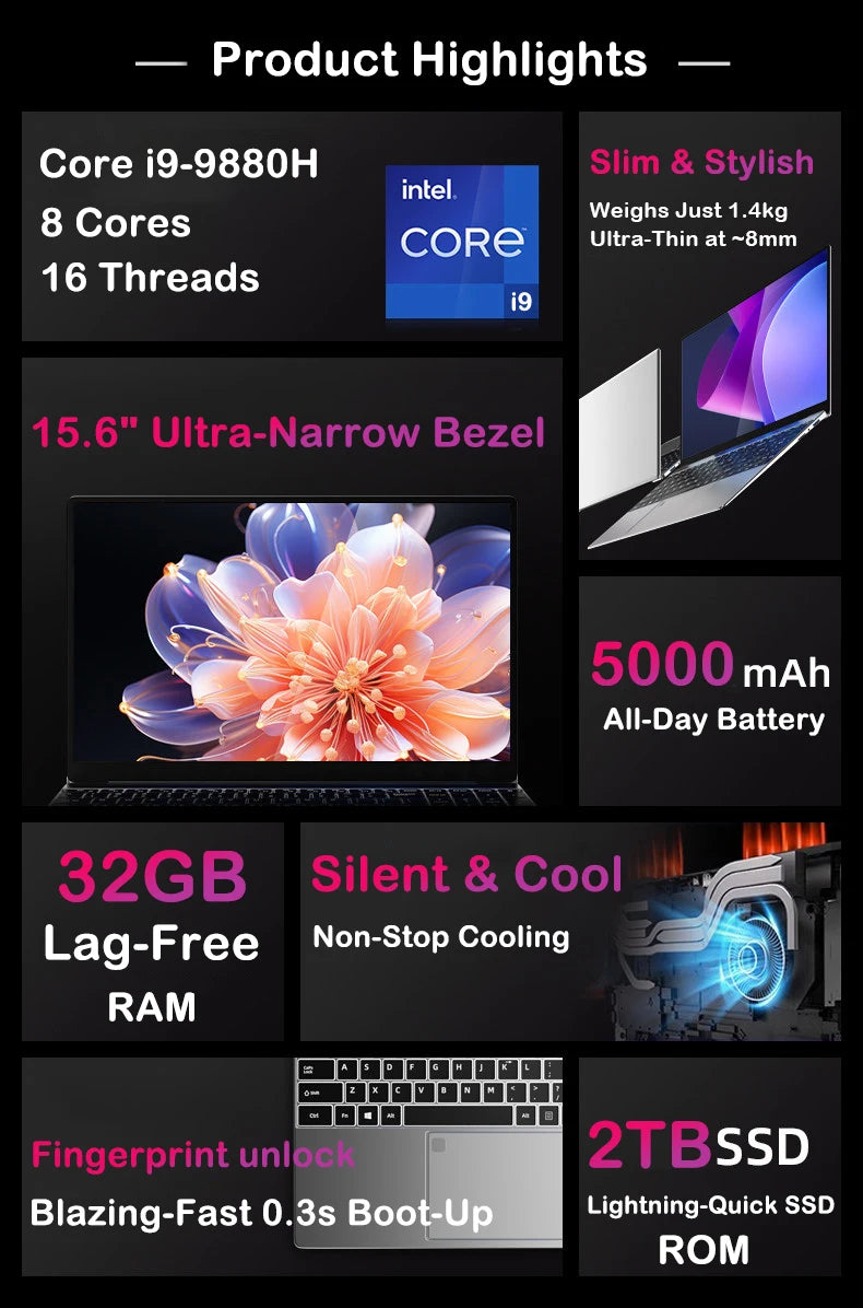 LENOU NEW 15.6" Laptop Intel Core i9-9900 32GB 2TB Windows 11 Gaming Computer PC Gamer office Ultra Slim Notebook 1920*1080 HD