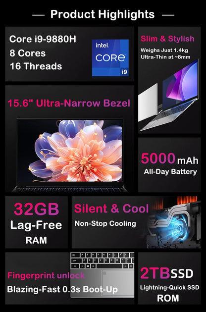 LENOU NEW 15.6" Laptop Intel Core i9-9900 32GB 2TB Windows 11 Gaming Computer PC Gamer office Ultra Slim Notebook 1920*1080 HD