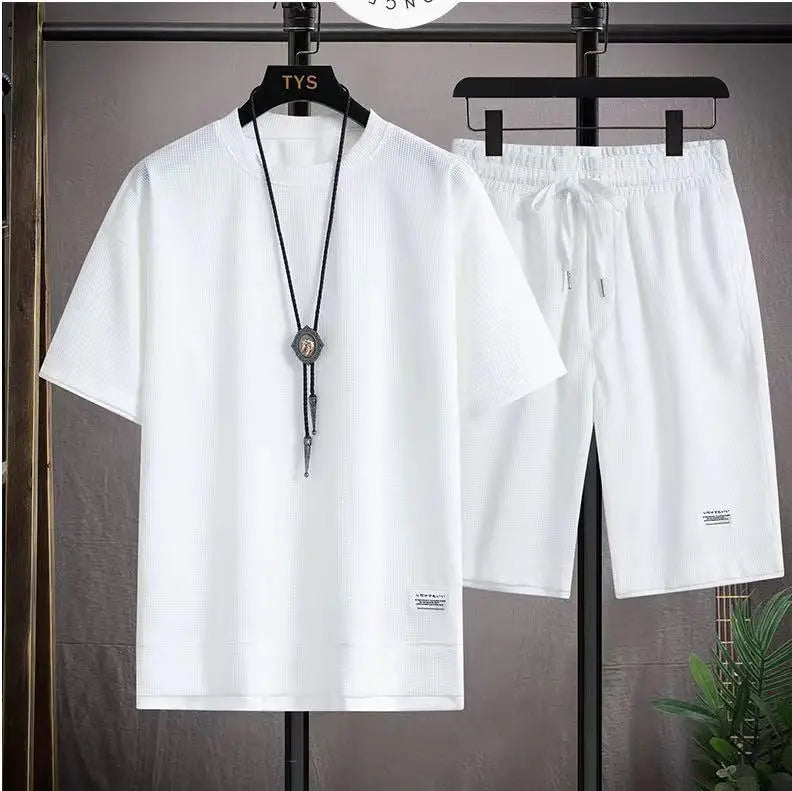 Waffle Men's Summer Short Sleeve And Shorts Two Piece Sets Sports Casual Tracksuit Men Comfortable Cool Shorts Oversized Set