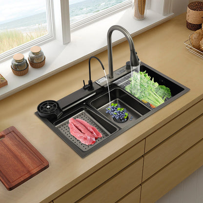 201 Stainless Steel Nano Black Sink with Digital Pull-out Faucet Anti-Splash Large Single Basin Noise Proof & Anti-Condensation