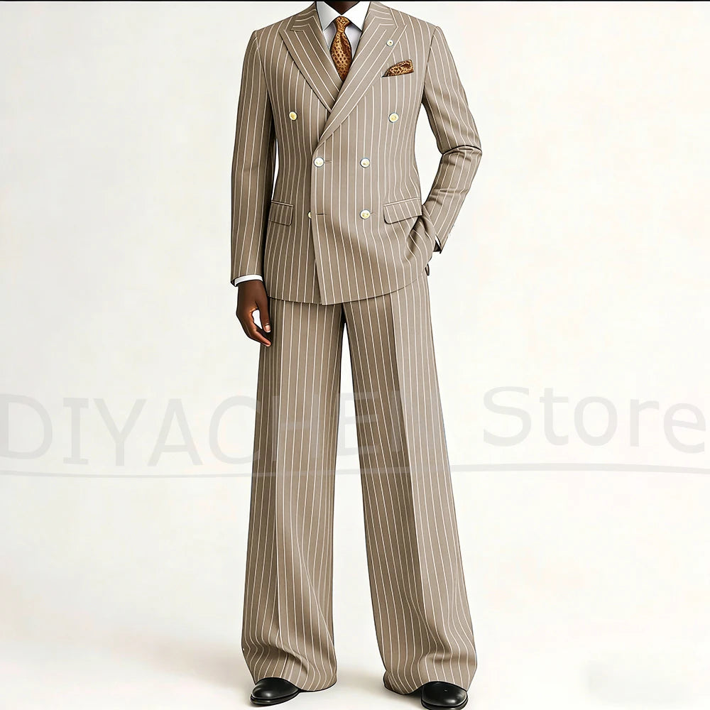 Men's Striped Double Breasted Suit Set Fashion Peak Lapel Formal Outfits 2 Piece Wedding Business Events Casual Male Suit