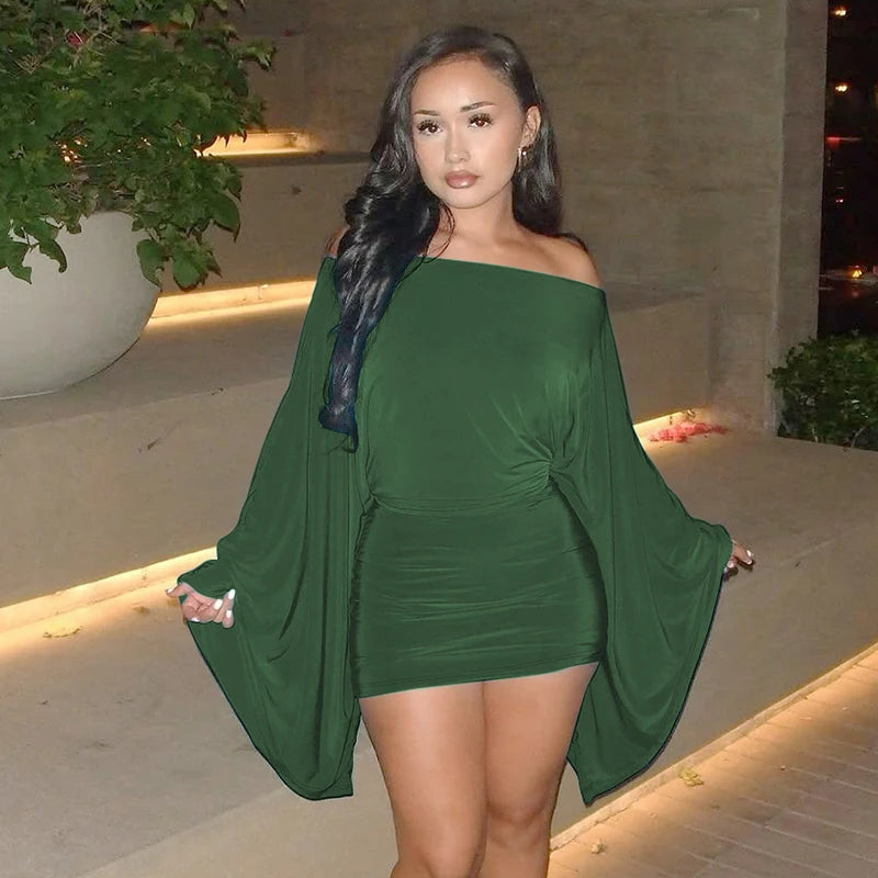 Hugcitar Solid Long Cloak Sleeve Sexy Loose Sexy Ruched Sexy Bodycon Mini Dress Fall Winter Women Fashion Outfit Party Festival