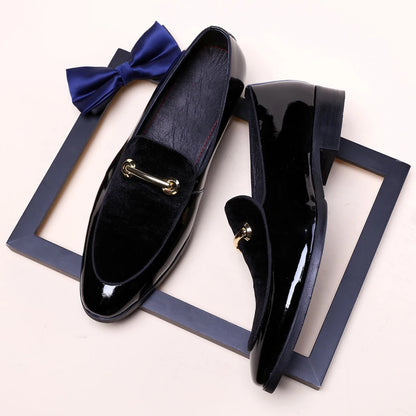 Mens Formal Navy Blue Velvet Patent Leather Loafers With Gold Horsebit Accent Flat Heel Comfortable Non Slip Breathable Business