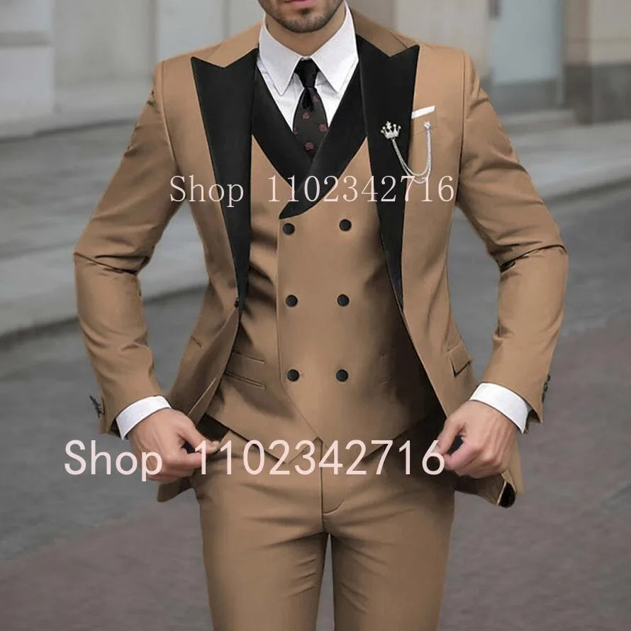 New Classic Beige Single Breasted Suits For Men Black Lapel Slim Fit Wedding Suit Groomsmen Formal Prom Party Suits 3 Piece Sets