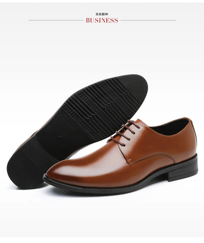 Mens Breathable Leather Dress Shoes Formal Business Footwear Pointed Toe Lace Up Flat Sole Groom Wedding Shoes Simple Leisure
