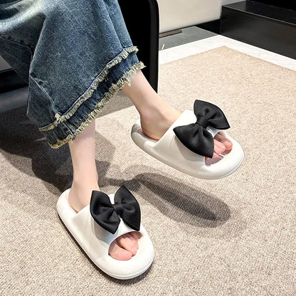 Fashion Bow Tie Slippers for Women Outdoor Thick Soft Sole Slippers Non Slip Slides Sweet Girls Beach Open Toe Shoes