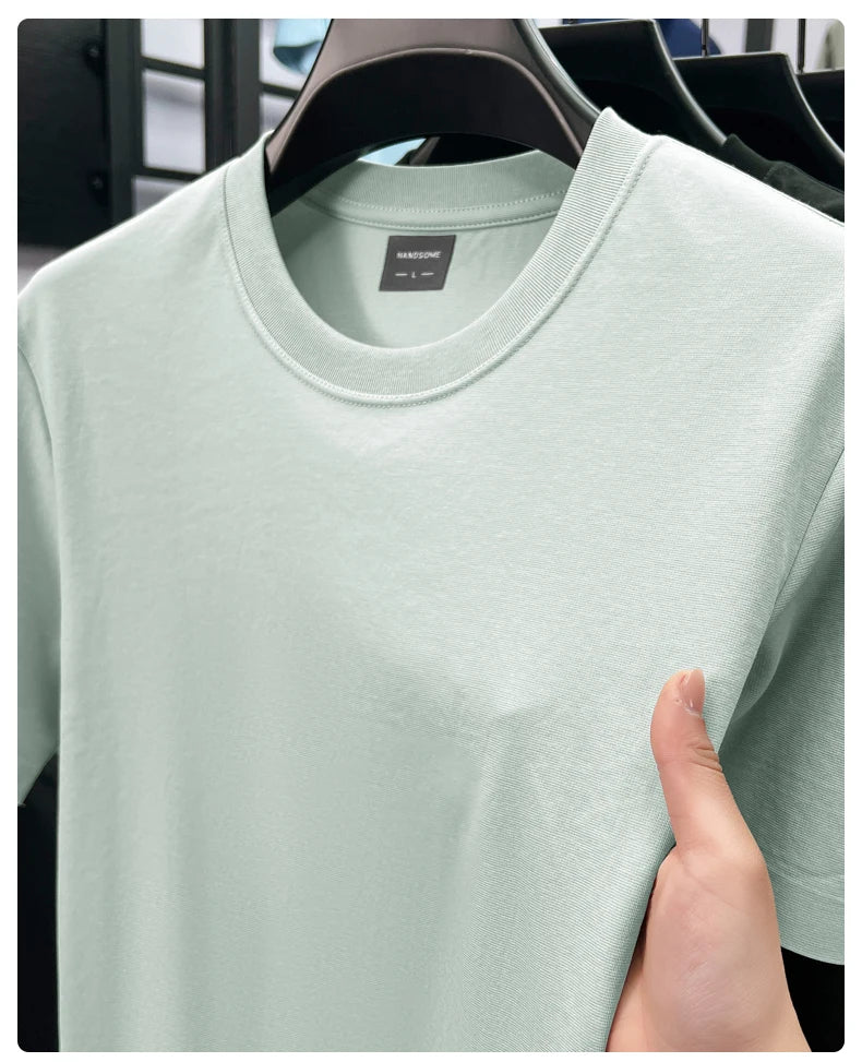High quality luxury short sleeve T-shirt summer breathable cool silk cotton fashion solid color round neck top casual men's wear
