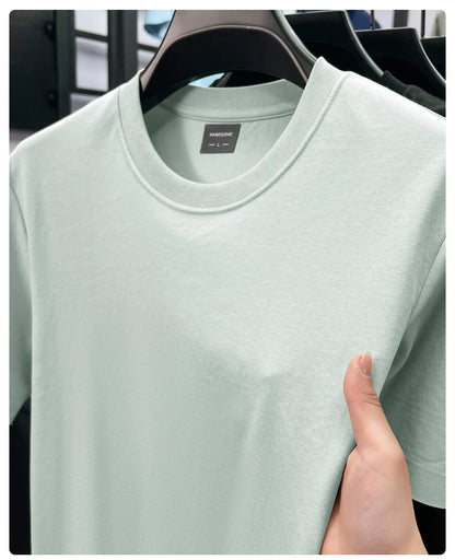 High quality luxury short sleeve T-shirt summer breathable cool silk cotton fashion solid color round neck top casual men's wear