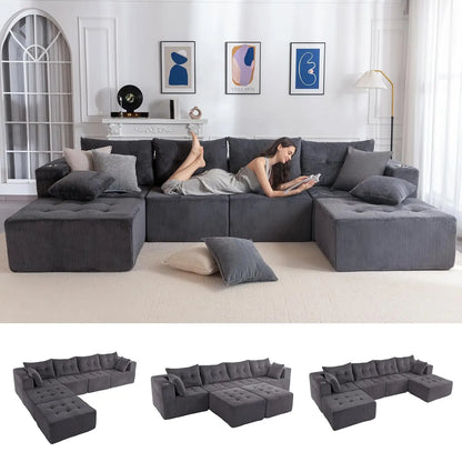 129.5" U Shaped Modular Sectional Sofa 2 Ottomans Tufted 6 Seat Cloud Sleeper Chair Living Room No Assembly, Custom