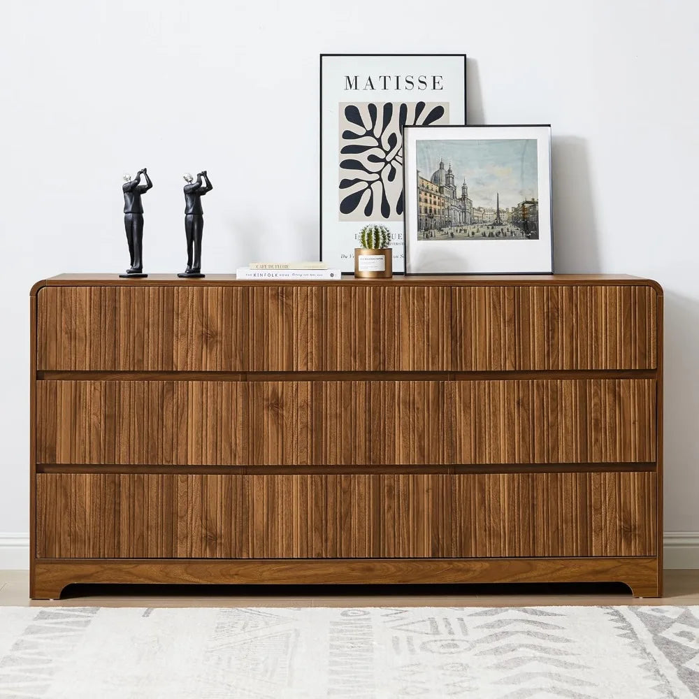Fluted Dresser for Bedroom with 9 Drawers,63" Wide Modern Chest of Drawers with Curved Profile & Deep Drawer, Customized
