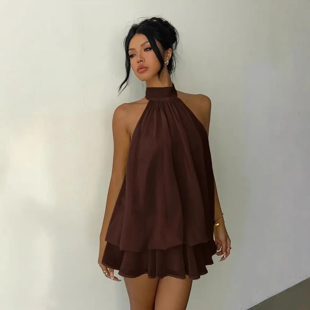 2026 Women's Elegant Halter Neck Sleeveless Ruffled Layered Chiffon Mini Dress Casual Summer Party Dress for Beach Vacation Y2K
