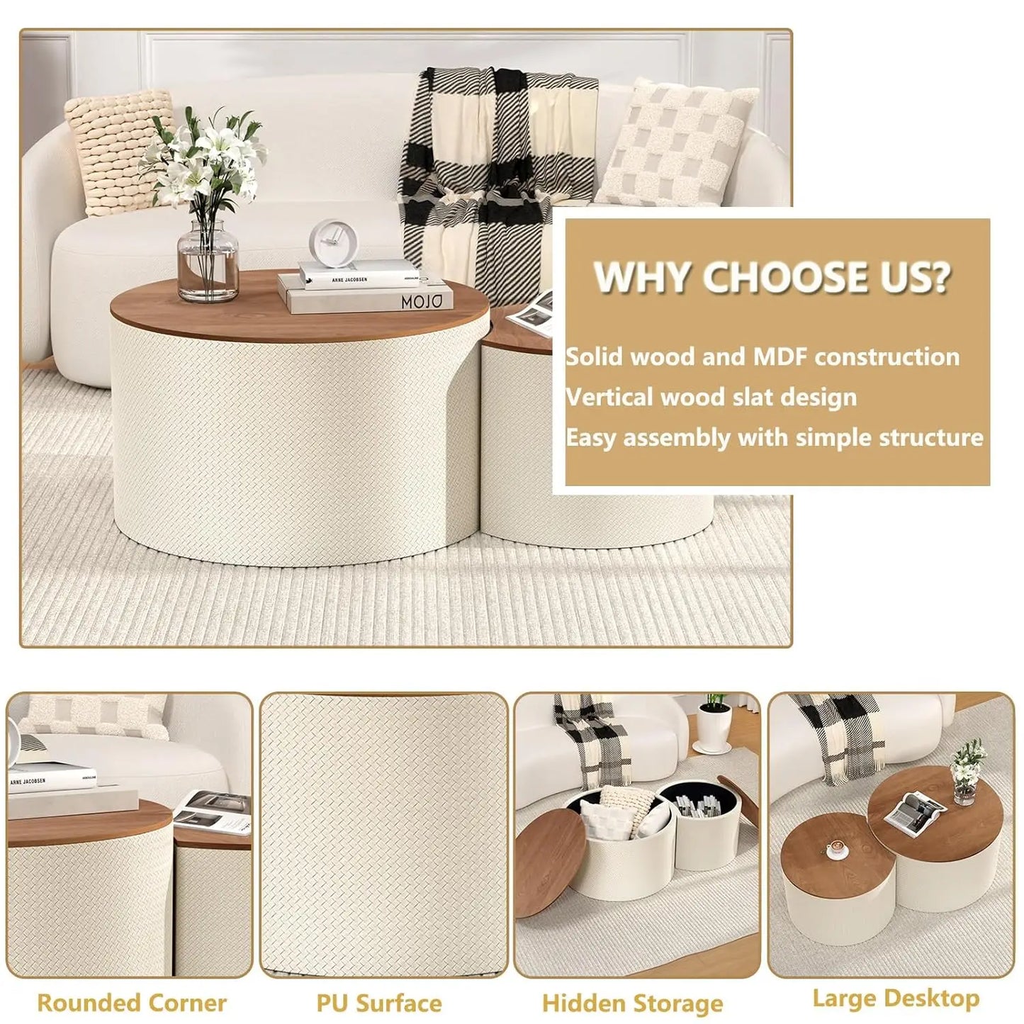 Round Nesting Coffee Table Set of 2 with Storage, 26.8" Farmhouse Handwoven PU Coffee Table, for Living Room, Customized