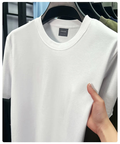 High quality luxury short sleeve T-shirt summer breathable cool silk cotton fashion solid color round neck top casual men's wear