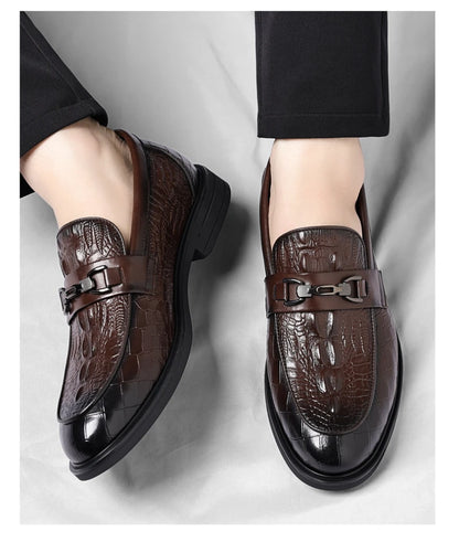 Mens Black Crocodile Embossed Leather Loafers With Metal Horsebit Buckle Thick Sole Formal Business Wedding Party Dress Shoes