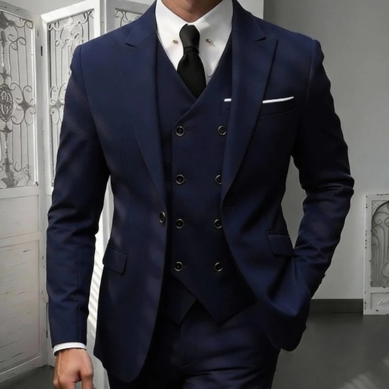 Men's Classic 3-Piece Suit Set - Slim Fit Notched Lapel Blazer with Vest & Pants, Versatile Formal Outfit for Business & Events