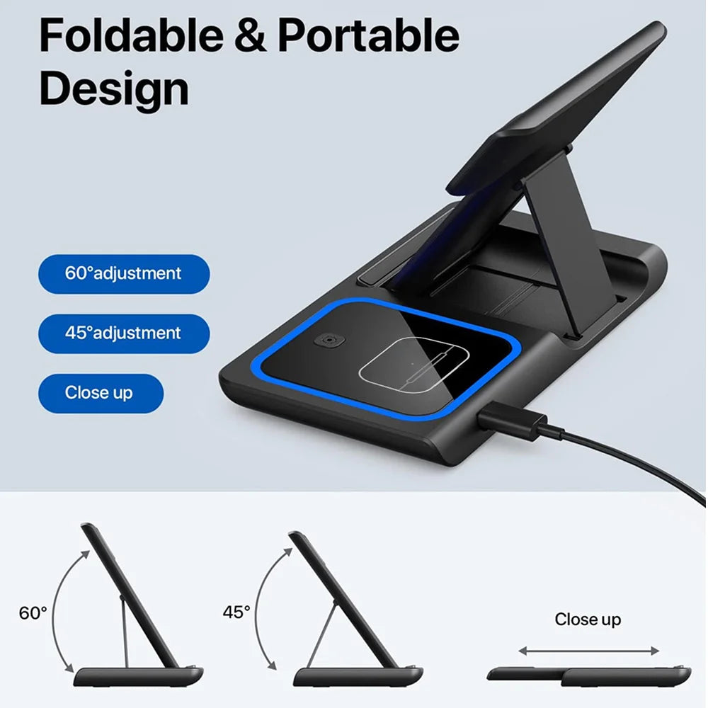 15W 3 in 1 Wireless Charger Stand Pad Foldable Fast Charging Station Dock For iPhone17 16 15 14 13 12 11 X 8 Apple Watch Airpods