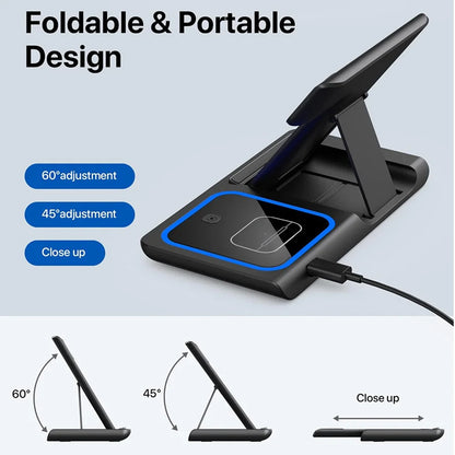 15W 3 in 1 Wireless Charger Stand Pad Foldable Fast Charging Station Dock For iPhone17 16 15 14 13 12 11 X 8 Apple Watch Airpods