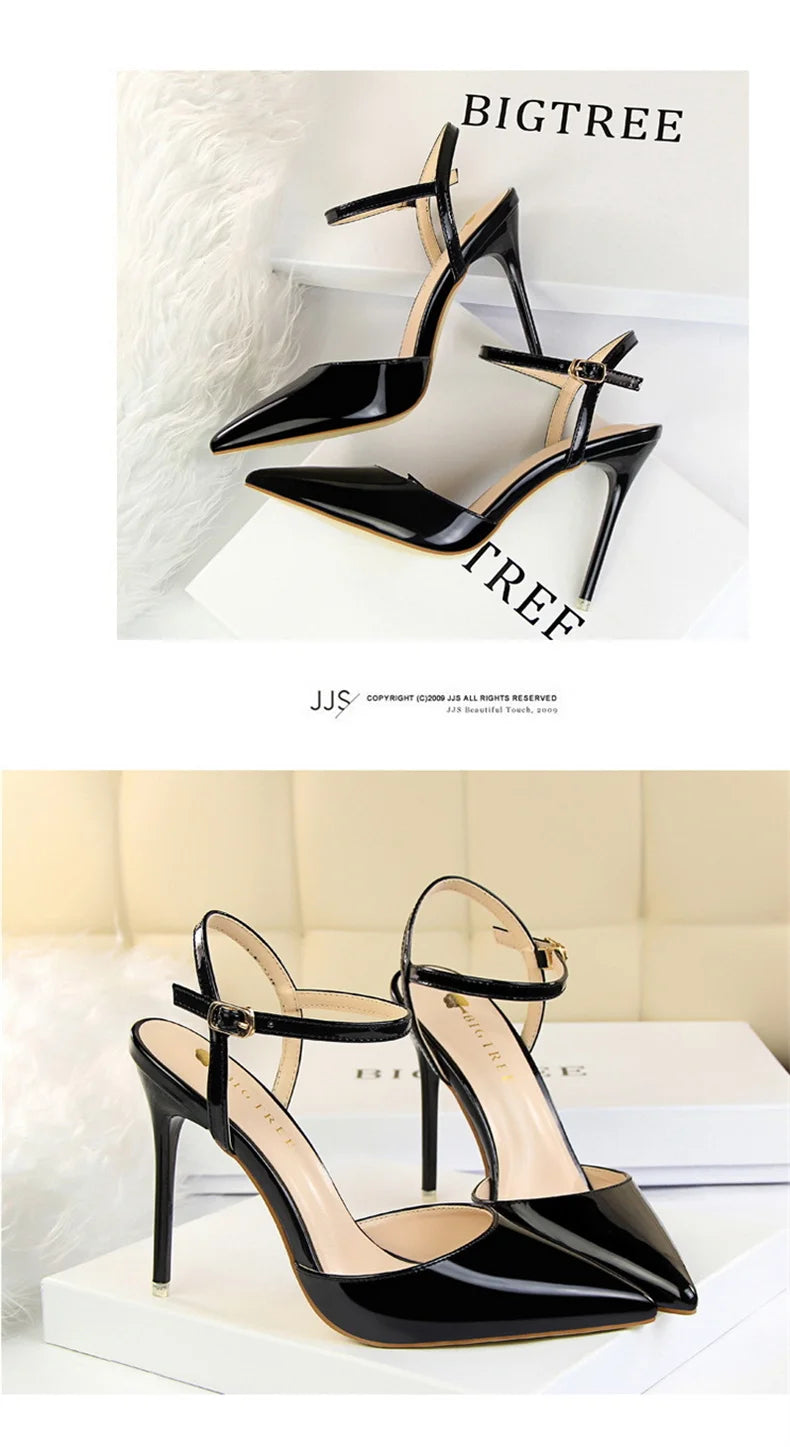Women High Heels Sandals Metallic Gray Patent Leather Stripper Ankle Strap Wedding Nightclub Pointed Toe Party Valentine 86-1