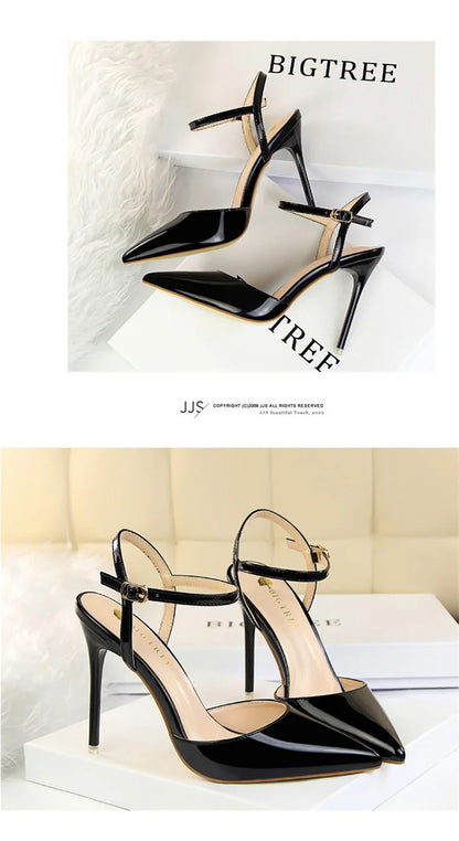 Women High Heels Sandals Metallic Gray Patent Leather Stripper Ankle Strap Wedding Nightclub Pointed Toe Party Valentine 86-1