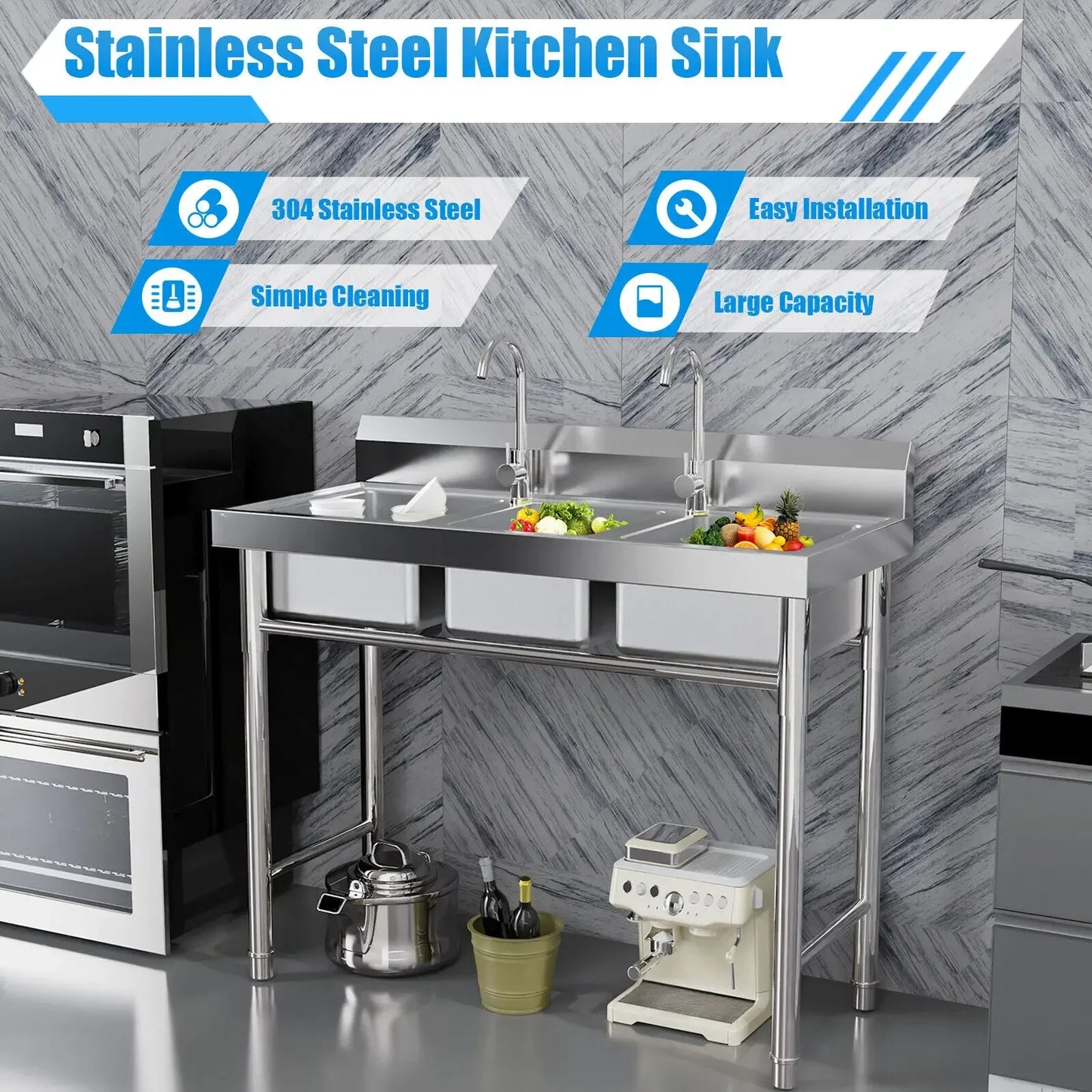Stainless Steel 3-Compartment Sink for Catering Prep Table, Kitchen Washing Sink