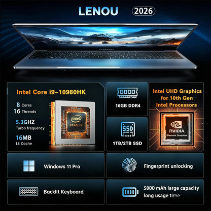 LENOU Ultra Slim 15.6" Gaming Laptop Intel Core i9-10980H 32GB RAM 2TB SSD 1920x1080 Windows 11 Office Study Home Use New Model