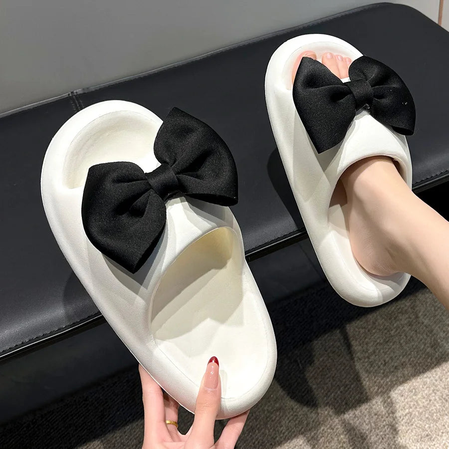 Fashion Bow Tie Slippers for Women Outdoor Thick Soft Sole Slippers Non Slip Slides Sweet Girls Beach Open Toe Shoes