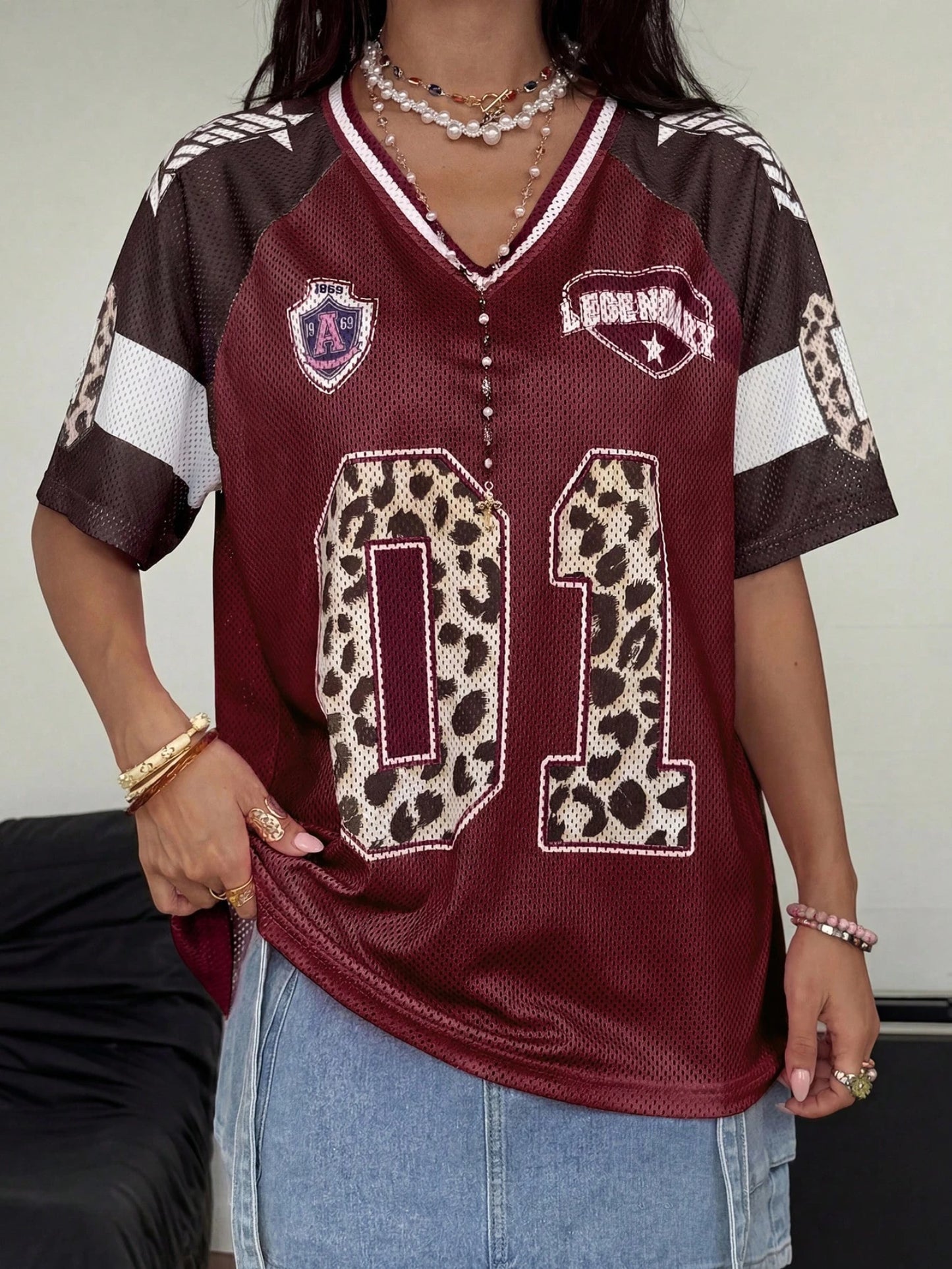 Women's Summer Going Out Streetwear Y2K Leopard Print Number Graphic Jersey Short Sleeve V Neck T Shirt Sporty Casual Tops
