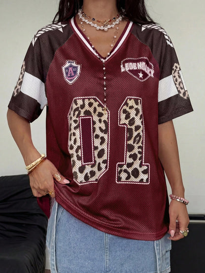 Women's Summer Going Out Streetwear Y2K Leopard Print Number Graphic Jersey Short Sleeve V Neck T Shirt Sporty Casual Tops