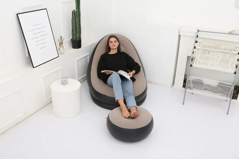 OTAUTAU Inflatable Lounger with Footstool Ottoman Chaise Lounge Recliner Outdoor Portable Camping Couch Garden Chair Pouf SF029
