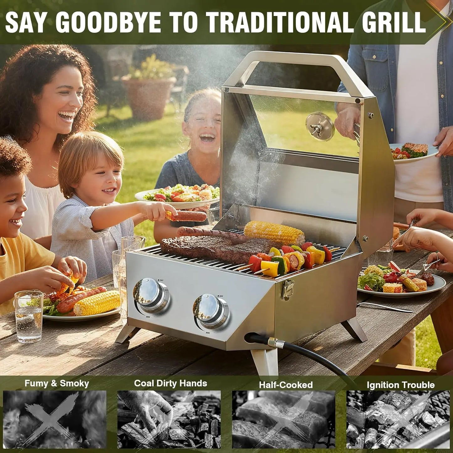 20000 BTU Porterhouse Tabletop Gas Grill 2 Burners Stainless Steel BBQ with Glass Lid Portable Outdoor, Customized