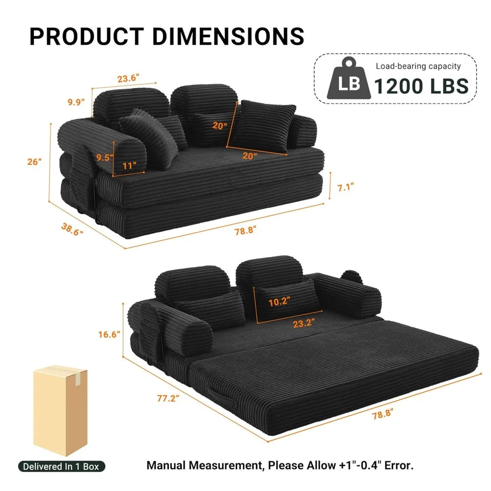 78.8in Convertible Corduroy Sleeper Sofa Bed High Backrest 5-in-1 Side Pocket Living Room No Assembly Removable Washable, Custom