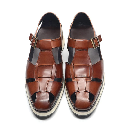 XEBOS Men's Sandals Genuine Leather Cowhide Summer Outdoor Flat Shoes Casual Sneakers Buckle Strap Black Brown Male Footwear