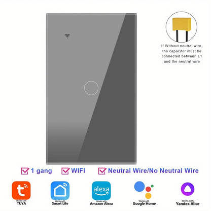 Smart WiFi Switch Single Neutral Wire Universal Touch Control Tuya APP Alexa Google Home Compatible Gold Gray