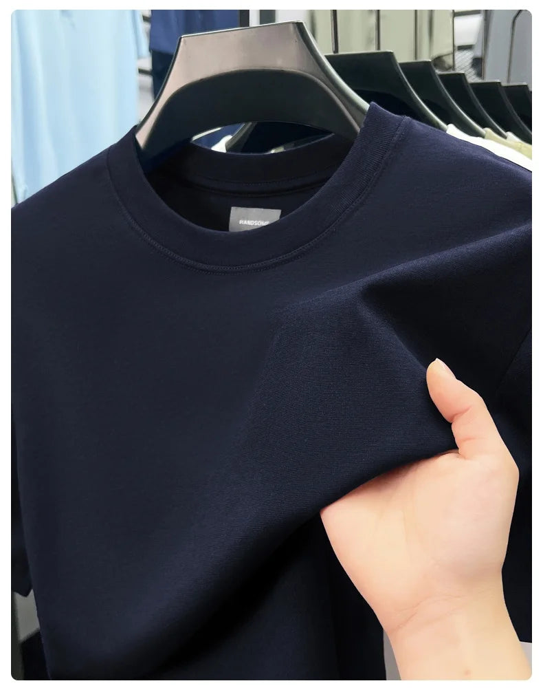 High quality luxury short sleeve T-shirt summer breathable cool silk cotton fashion solid color round neck top casual men's wear