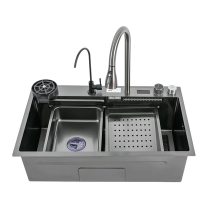 201 Stainless Steel Nano Black Sink with Digital Pull-out Faucet Anti-Splash Large Single Basin Noise Proof & Anti-Condensation