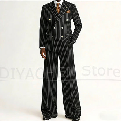 Men's Striped Double Breasted Suit Set Fashion Peak Lapel Formal Outfits 2 Piece Wedding Business Events Casual Male Suit