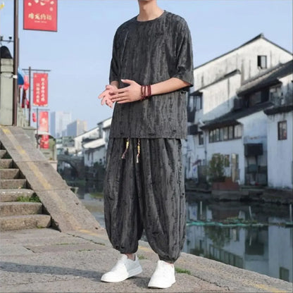 Men's Chinese Style Linen Co-ord Set Oversized Jacquard T-Shirt & Harem Pants Two Piece Outfit
