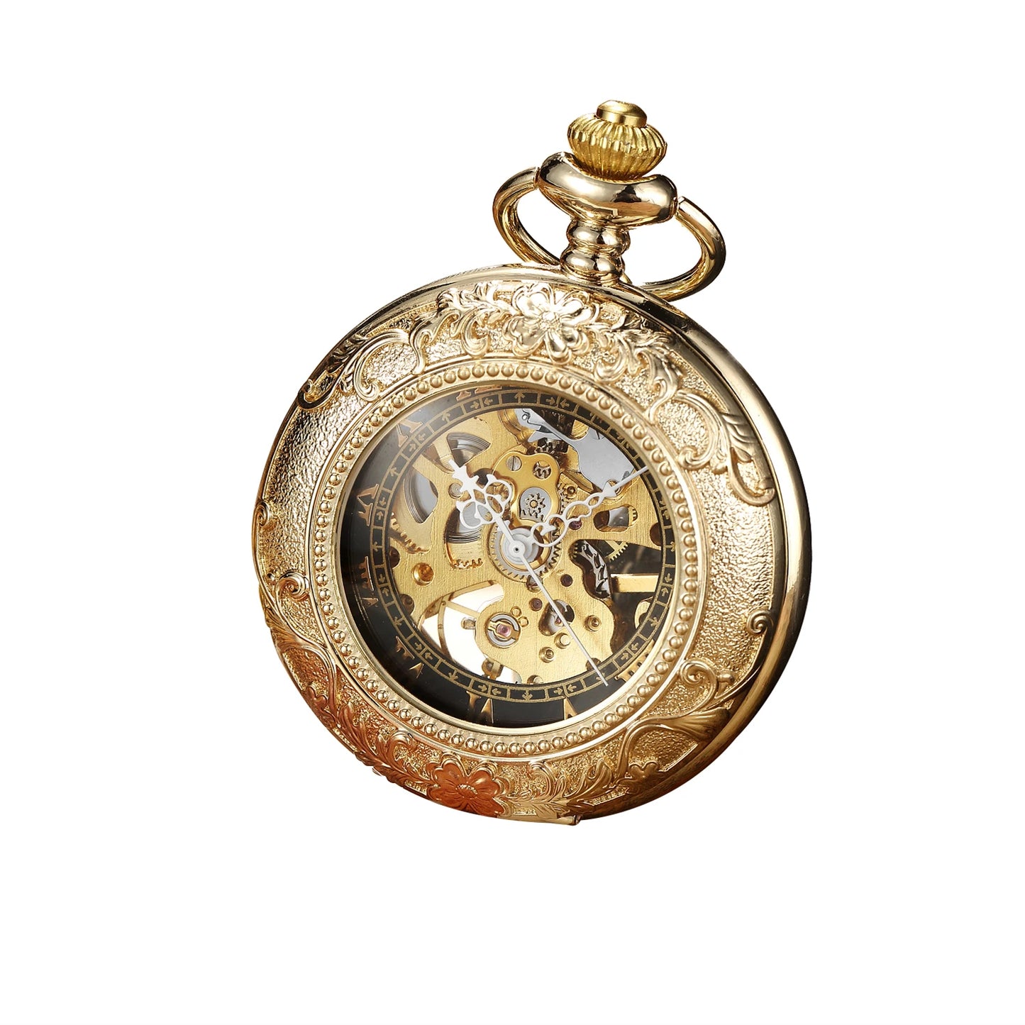 Vintage Skeleton Mechanical Pocket Watch Engraved Floral Design Hand Wind Fob Watch With Chain For Men Women Luxury Antique Gift