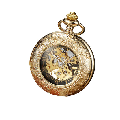 Vintage Skeleton Mechanical Pocket Watch Engraved Floral Design Hand Wind Fob Watch With Chain For Men Women Luxury Antique Gift