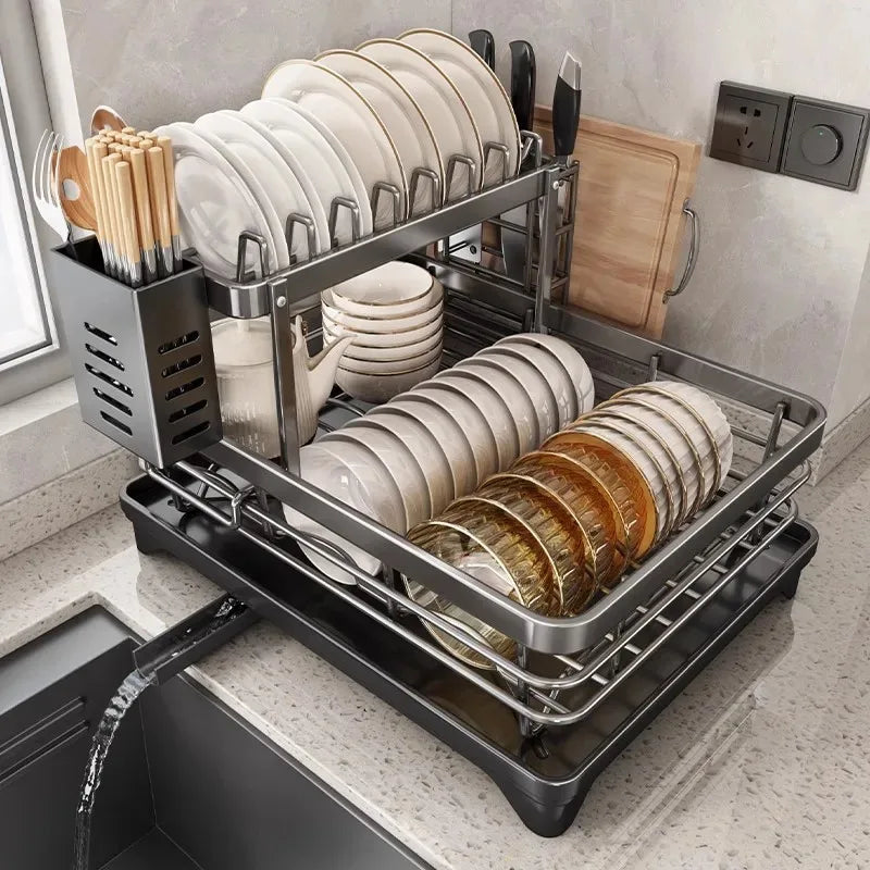 Stainless Steel Dish Drying Rack with Drainboard, Over Sink Plate Organizer for Kitchen Storage