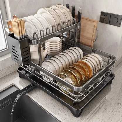 Stainless Steel Dish Drying Rack with Drainboard, Over Sink Plate Organizer for Kitchen Storage