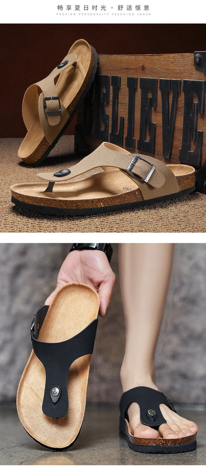 Men's frosted cork casual flip flops slippers comfortable refreshing summer outdoor beach shoes fashion youth breathable sandals