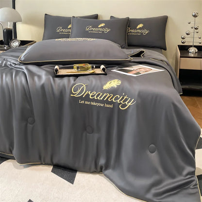 Ultra Soft Cooling Ice Silk Summer Quilt Blanket, Queen King Size Embroidered Breathable Nap Comforter, Lightweight Skin Friendly Air Conditioner Quilt