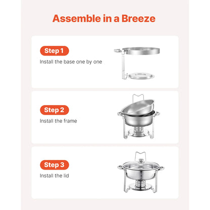 SucceBuy 5 Qt 2 Pack Round Chafing Dish Buffet Set Stainless Steel Chafer with 2 Full Size Pan, Round Catering Warmer Server